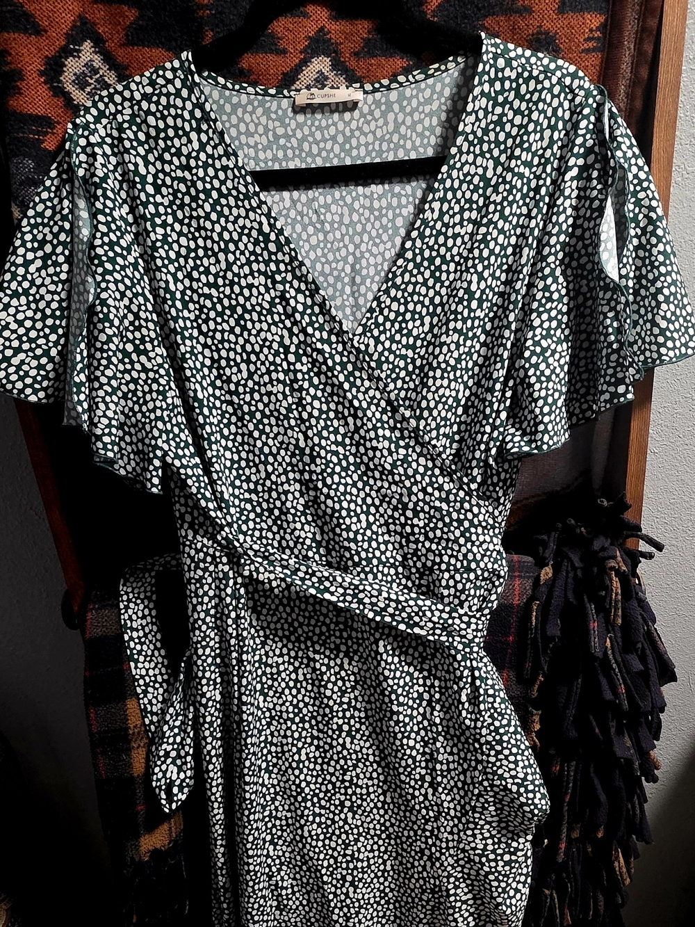 Green & White Printed Wrap Dress